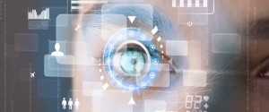 Futuristic modern cyber man with technology screen eye panel